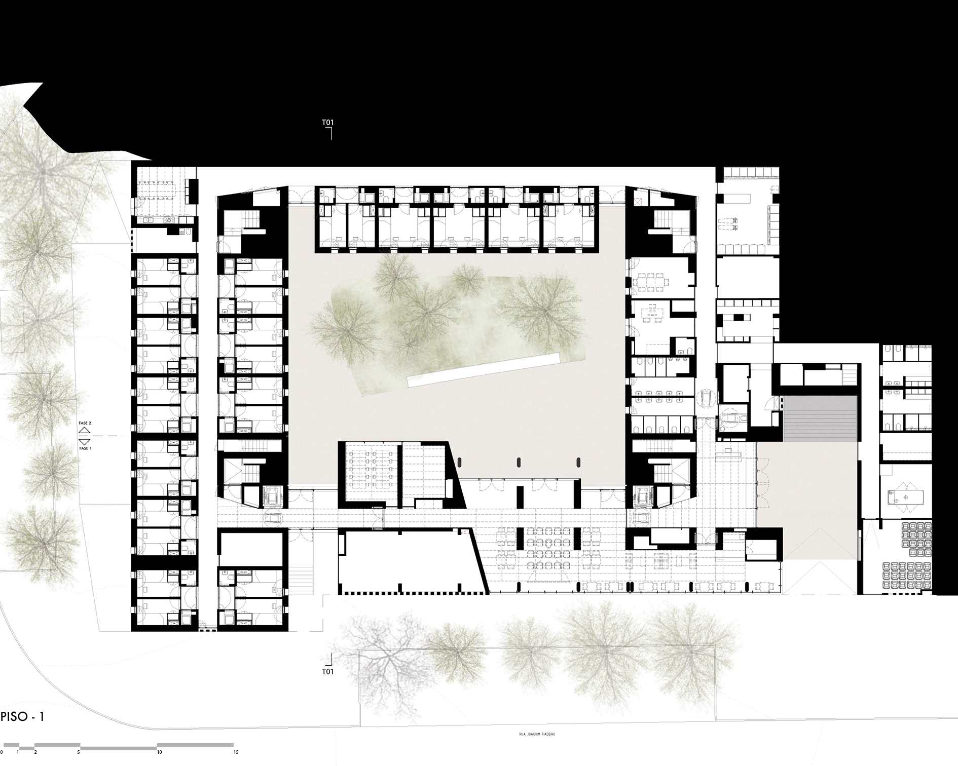Ground floor plan drawing showing residential units arranged around a central courtyard with trees