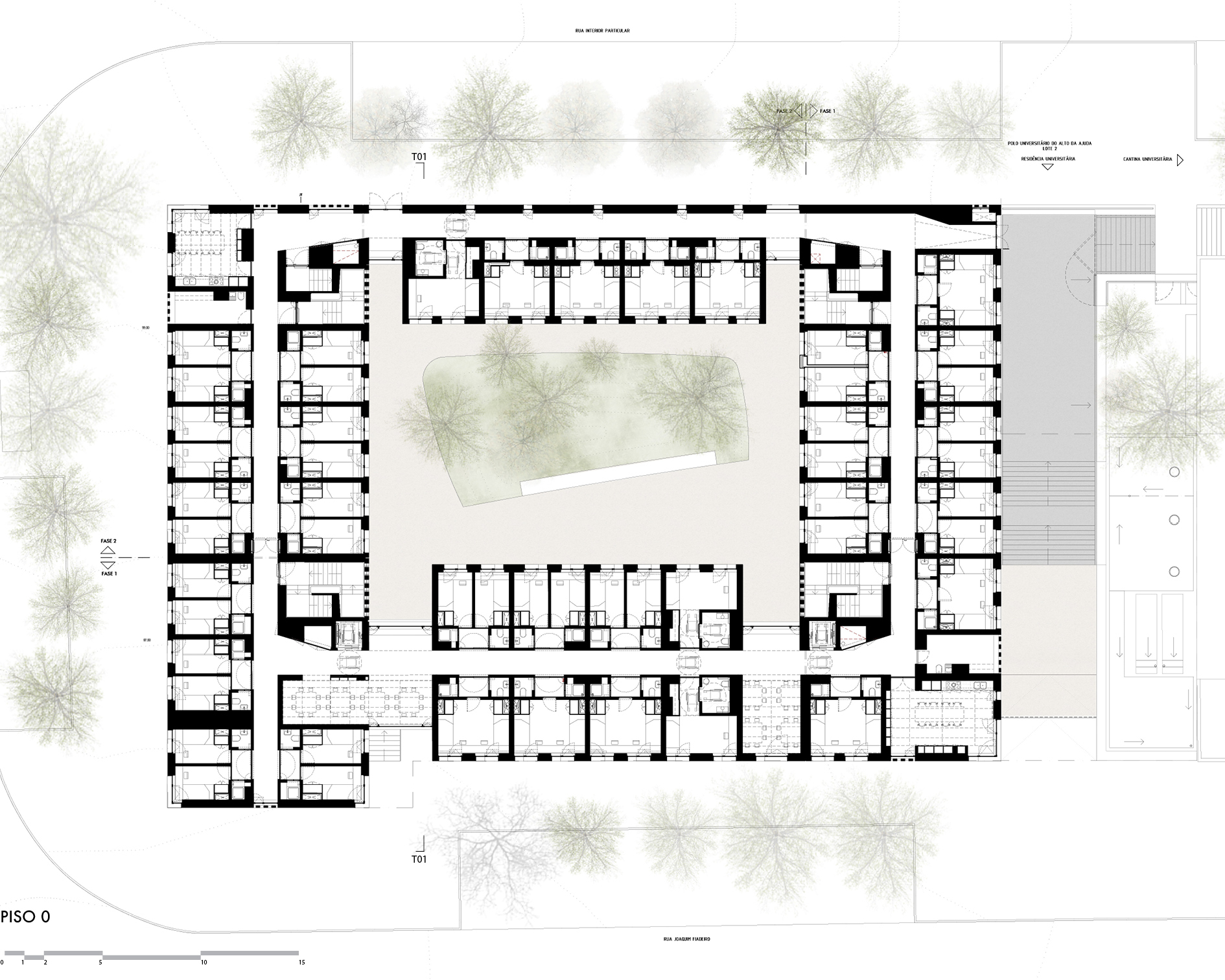 First floor plan drawing showing units wrapping around a central courtyard with landscaping and exterior trees