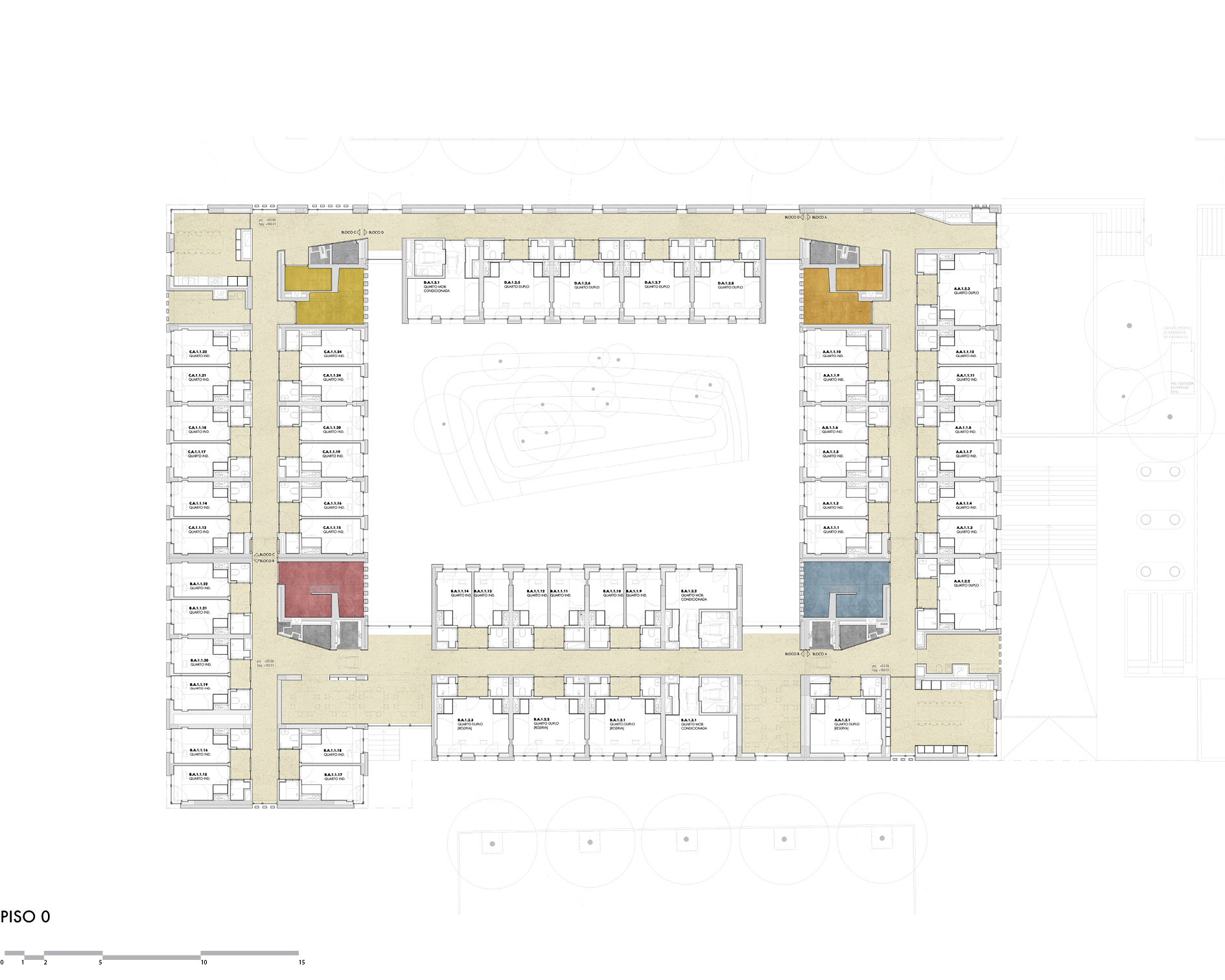 Floor plan drawing showing residential units with circulation corridors and color-coded communal spaces around a courtyard