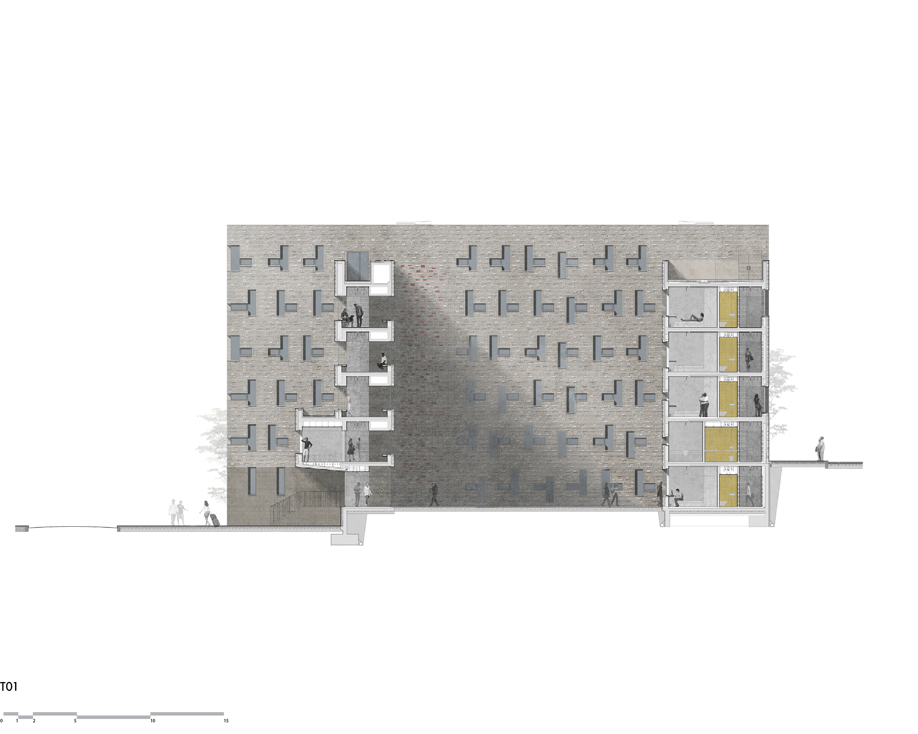 Section drawing showing stepped terraces on the left and stacked interior spaces with yellow partitions on the right