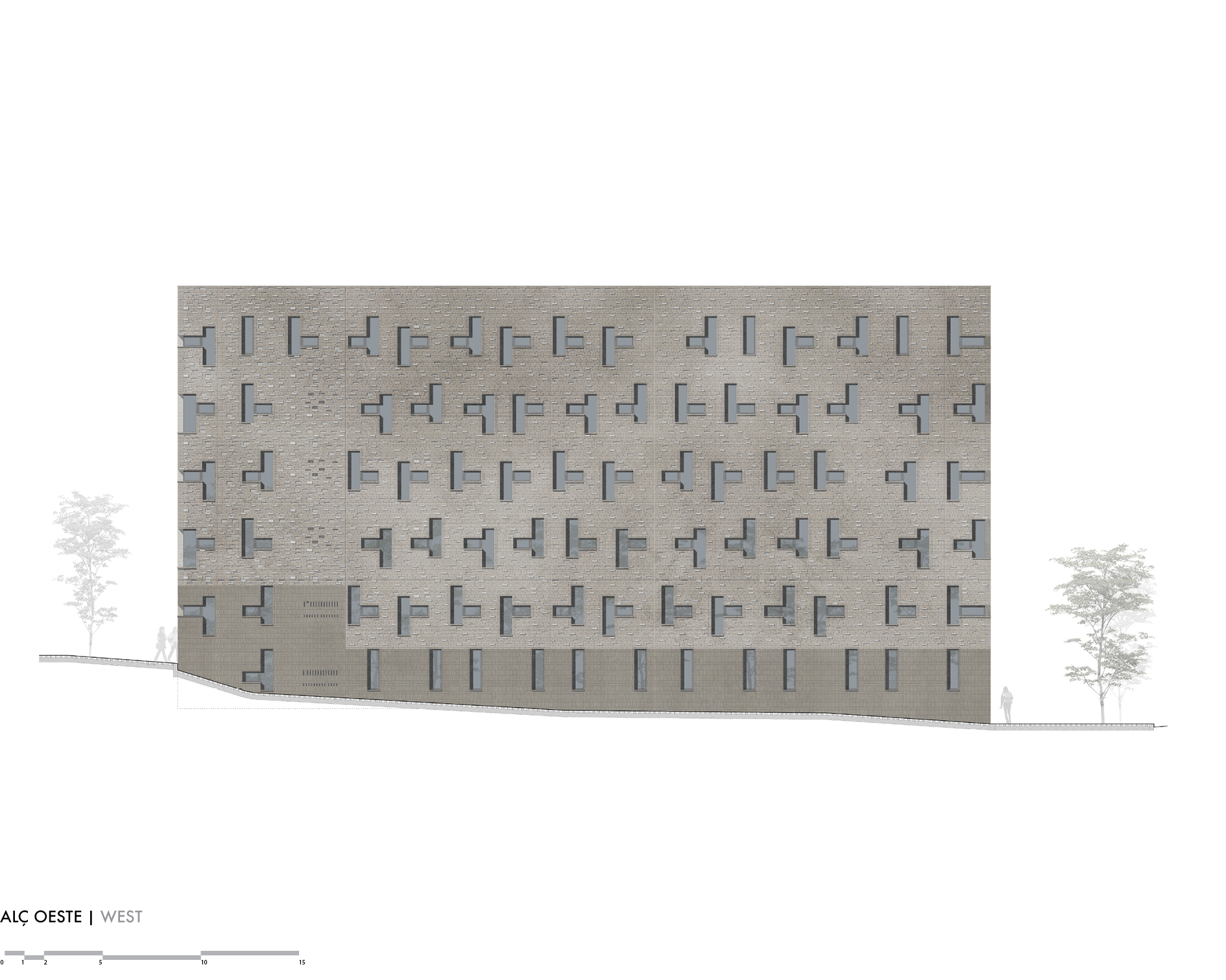 West elevation drawing showing a patterned brick facade with projecting and recessed window openings and flanking trees