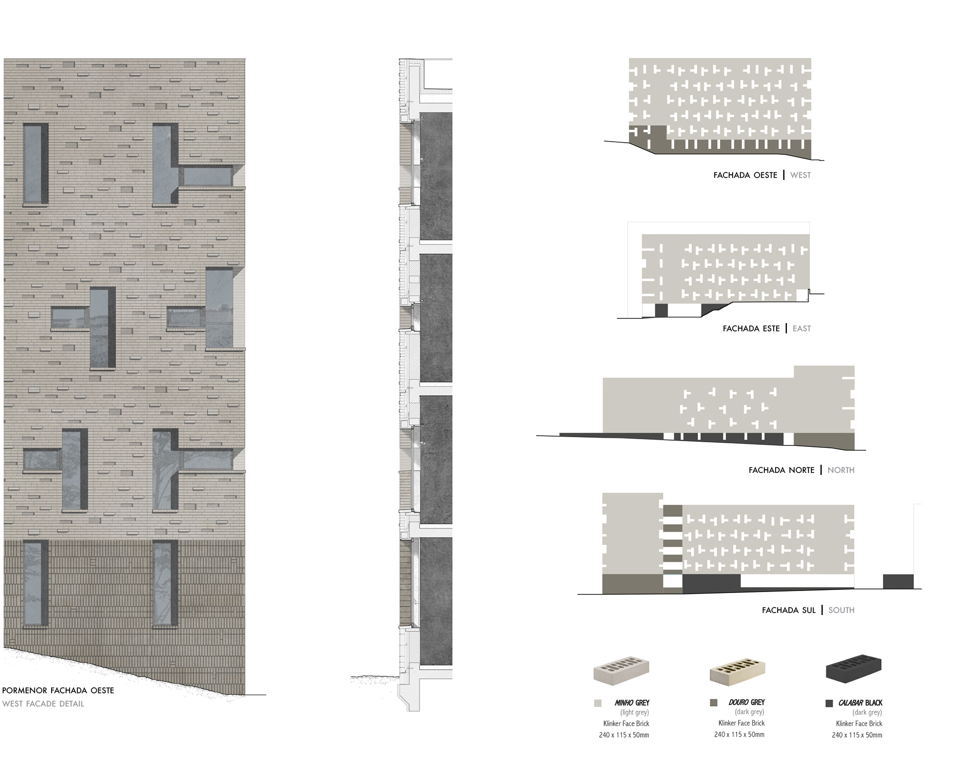 Elevation and section compilation showing brick facade details and three dimensional diagrams of different brick types