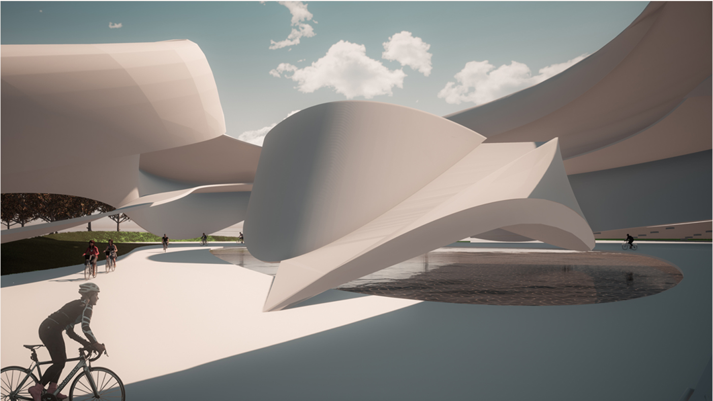 Cyclists activate the memorial as fluid architectural forms rise above water, translating movement into energy and spatial transformation.