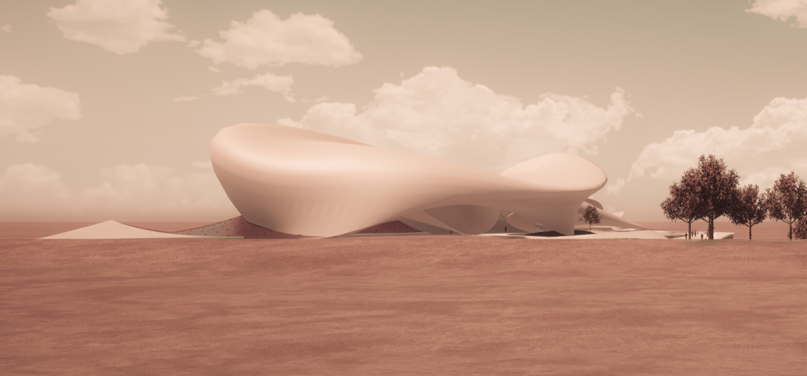 Fluid parametric forms hover above a reflective water body, activated by movement and energy generated by cyclists.