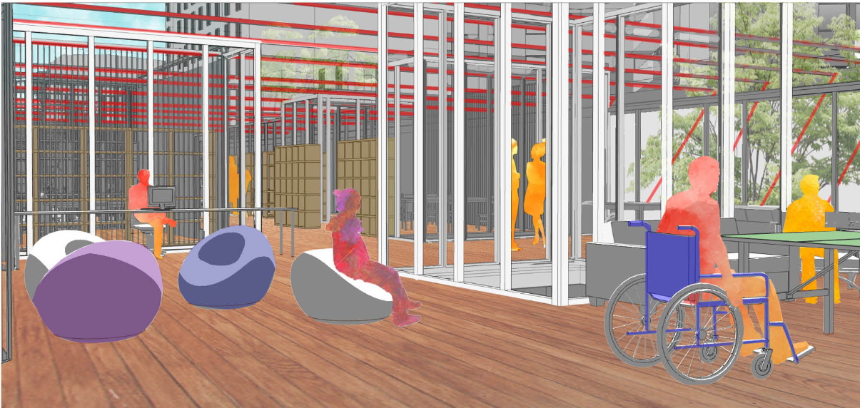  Coworking and library zones promoting collaborative learning within a lightweight modular system.