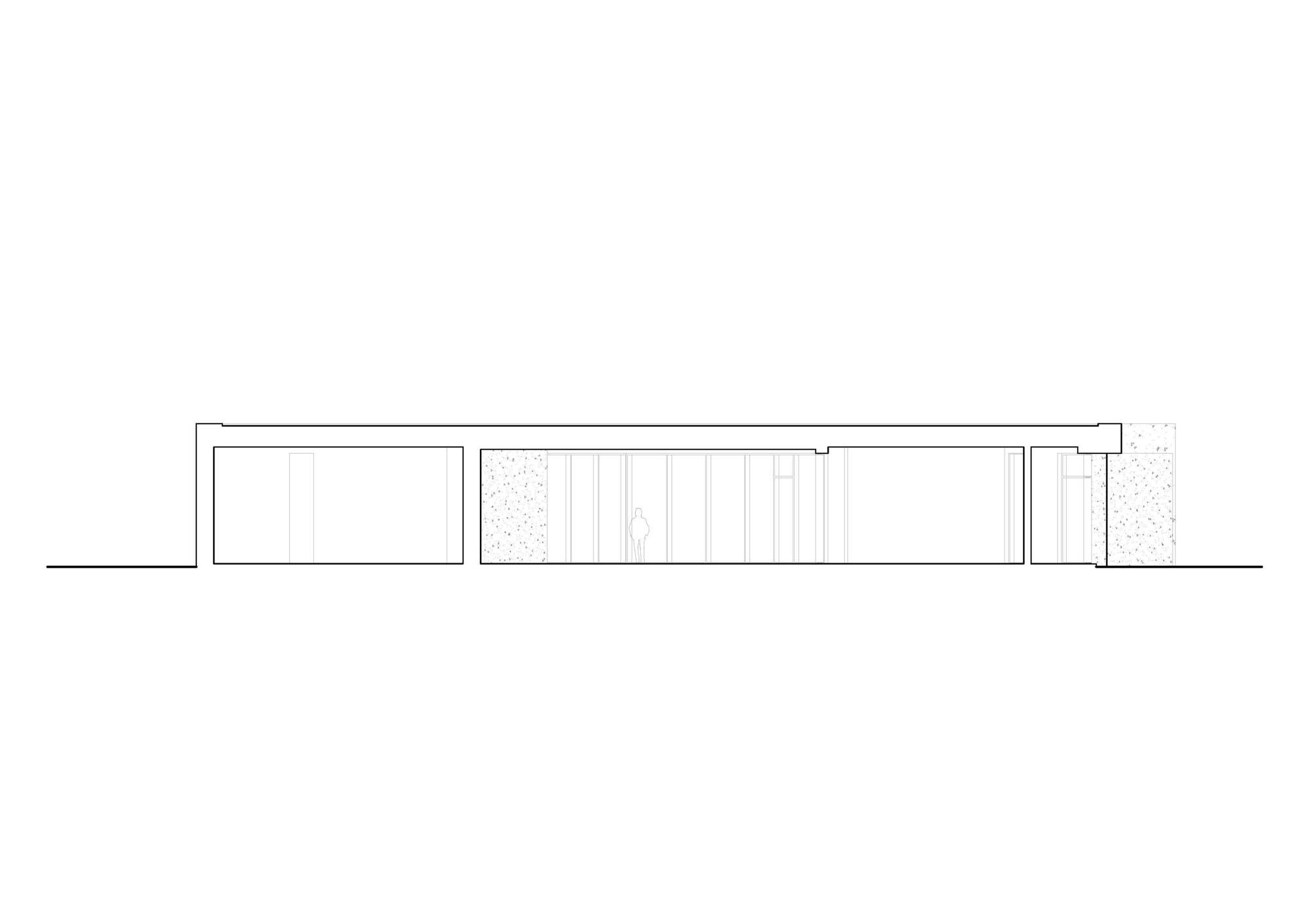 Elevation drawing showing the horizontal massing with vertical cladding and textured end panels
