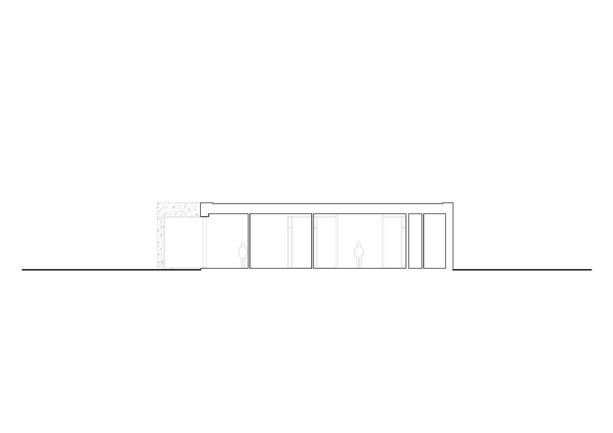 Elevation drawing depicting the low-slung profile with large glazed openings and flat roof