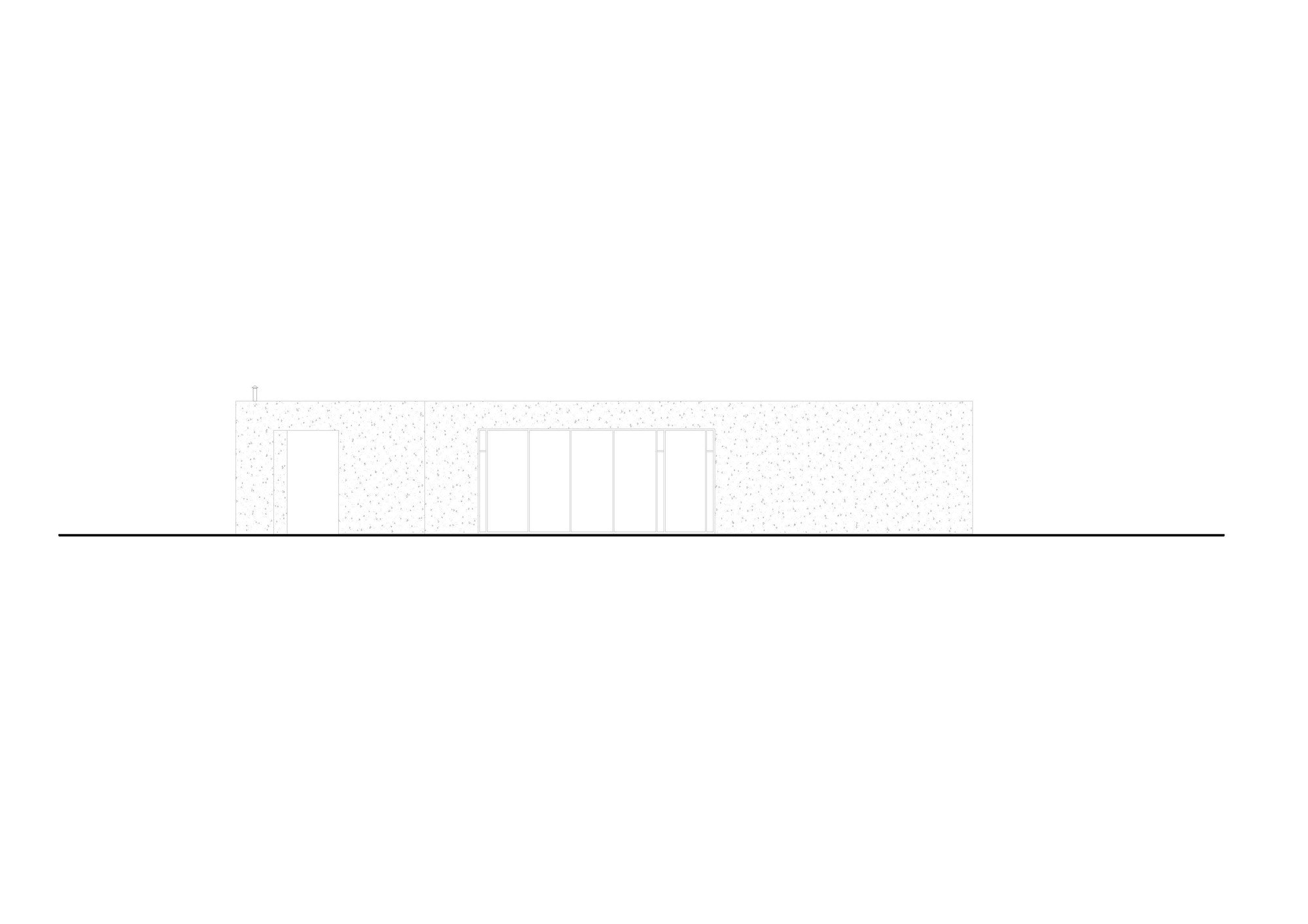 Elevation drawing showing a low horizontal volume with textured facade and grouped vertical window openings