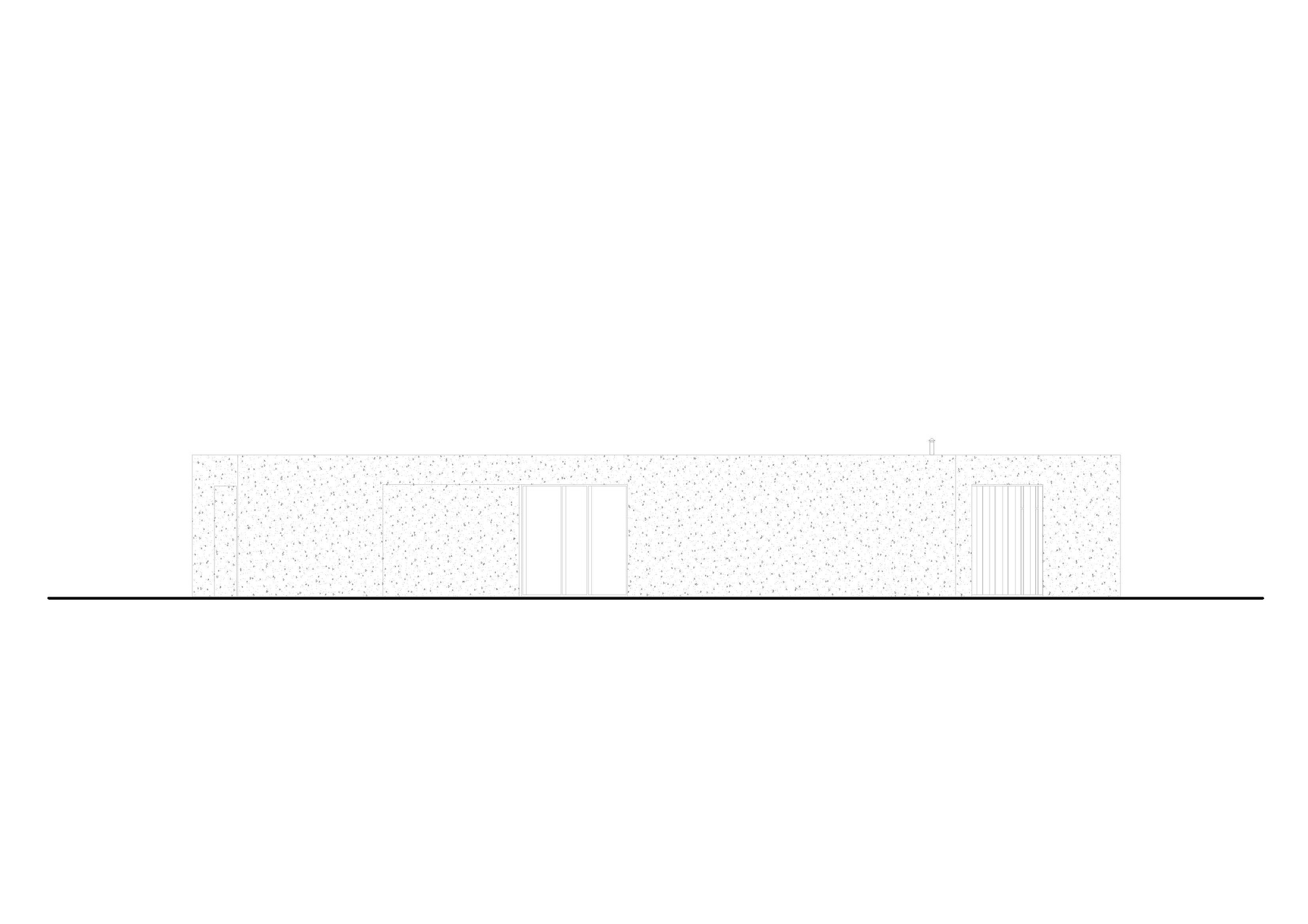 Elevation drawing depicting a linear structure with double doors and vertical slat element at one end