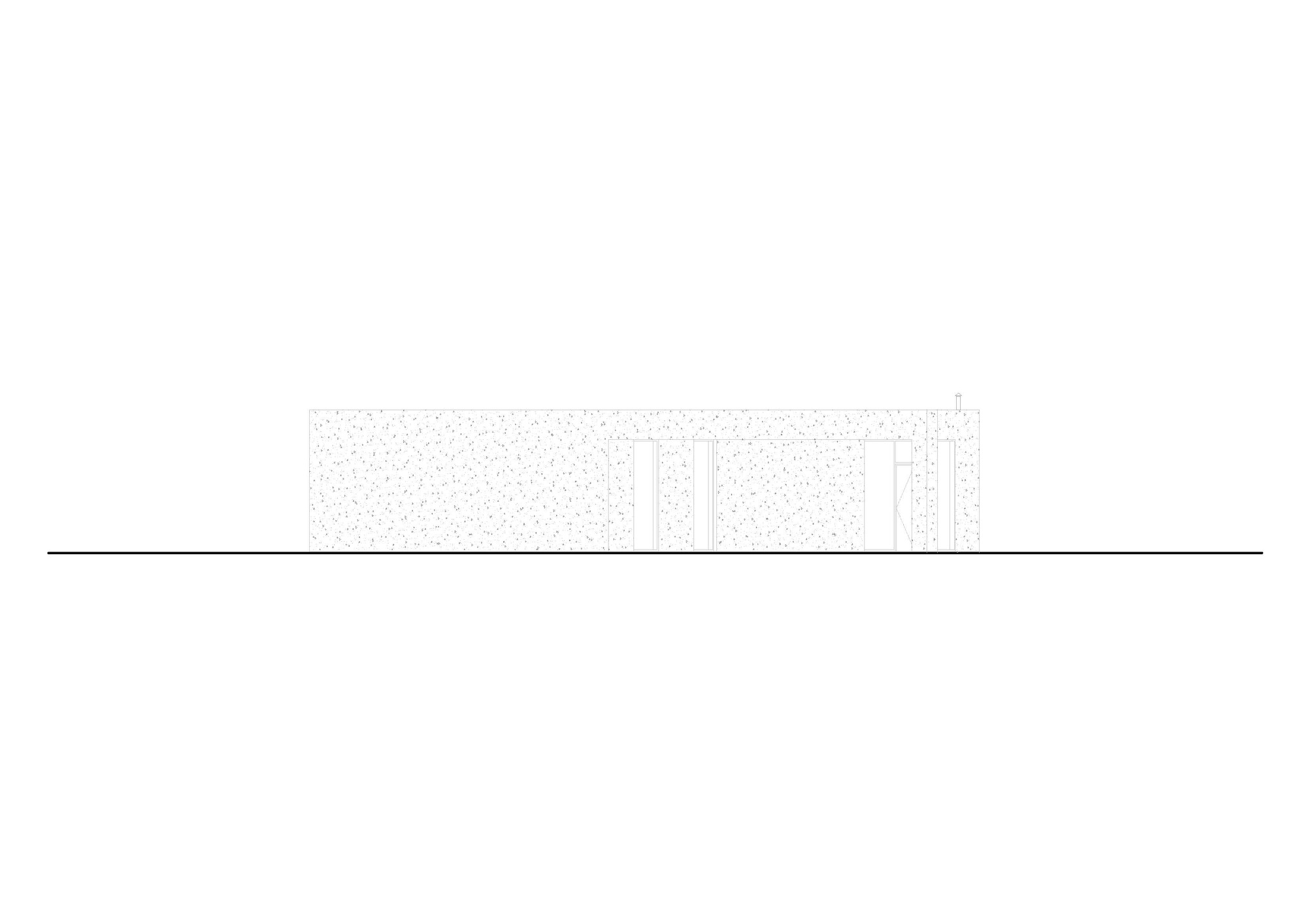 Elevation drawing presenting a textured facade with paired window openings and vertical slat details