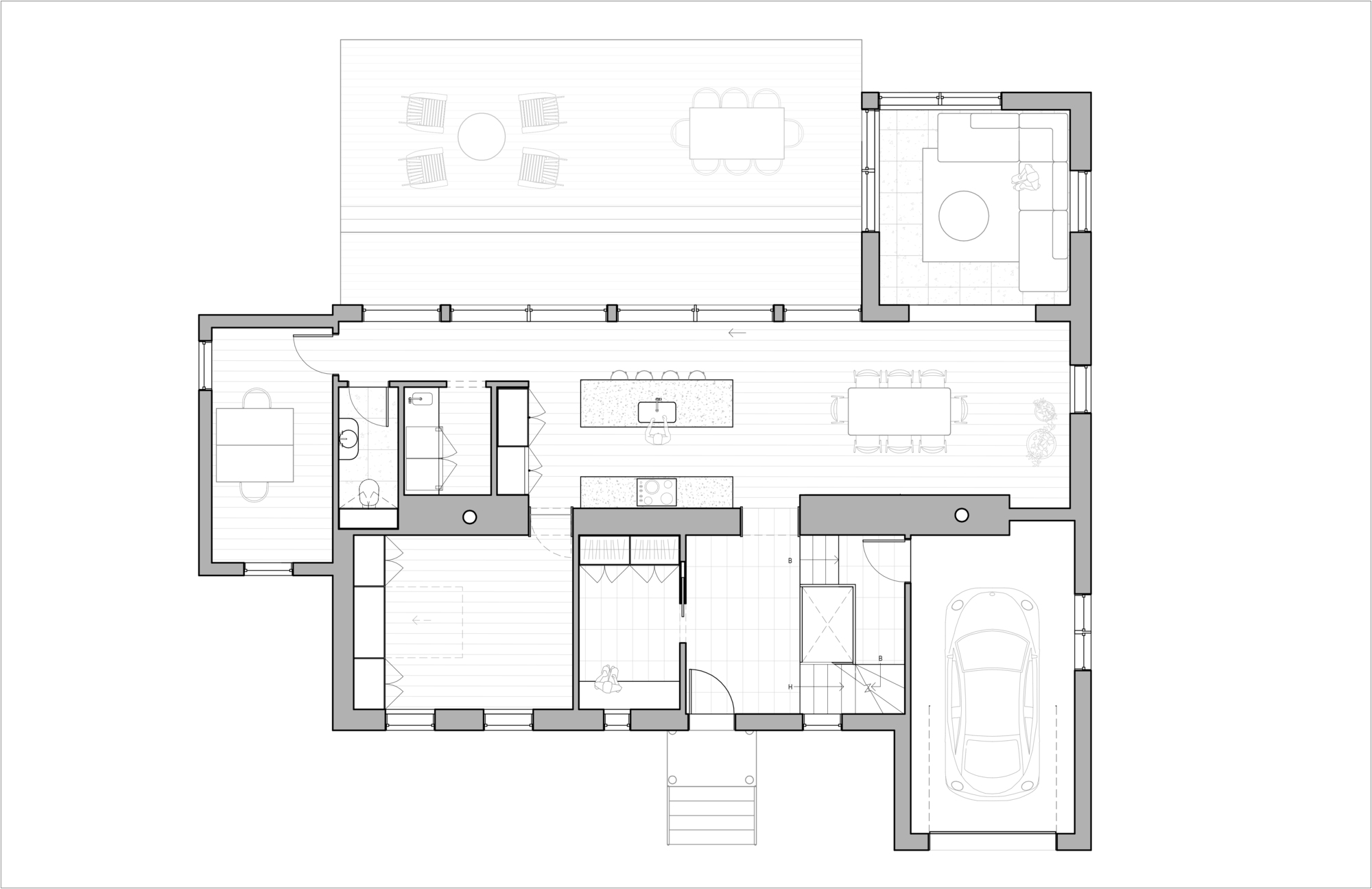 Ground floor plan drawing showing living areas, kitchen, dining room, garage and an attached study room