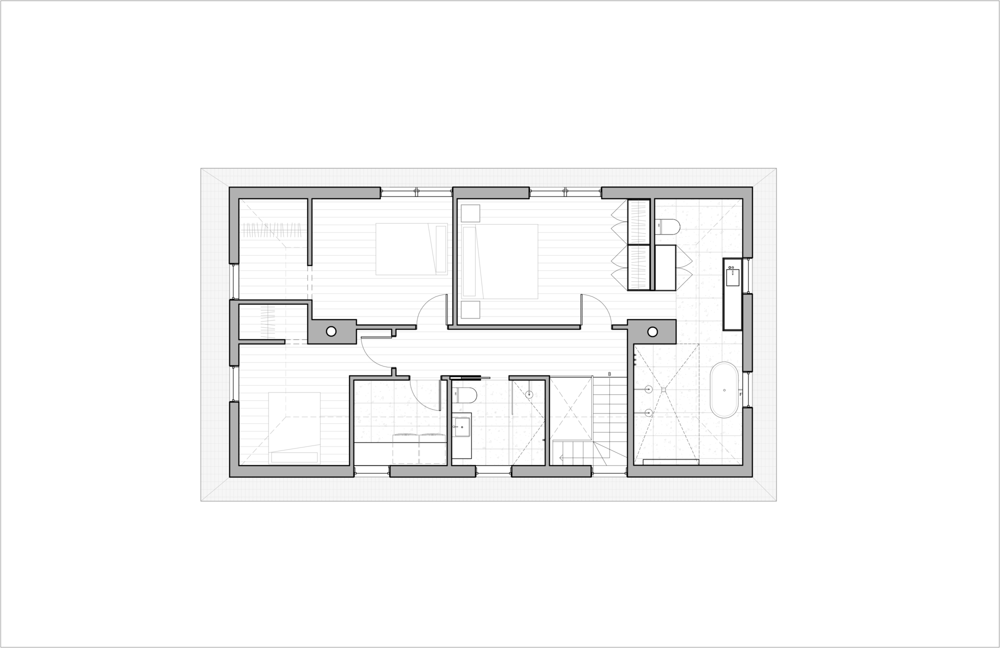 Upper floor plan drawing depicting bedrooms, bathrooms and a central staircase with hallway