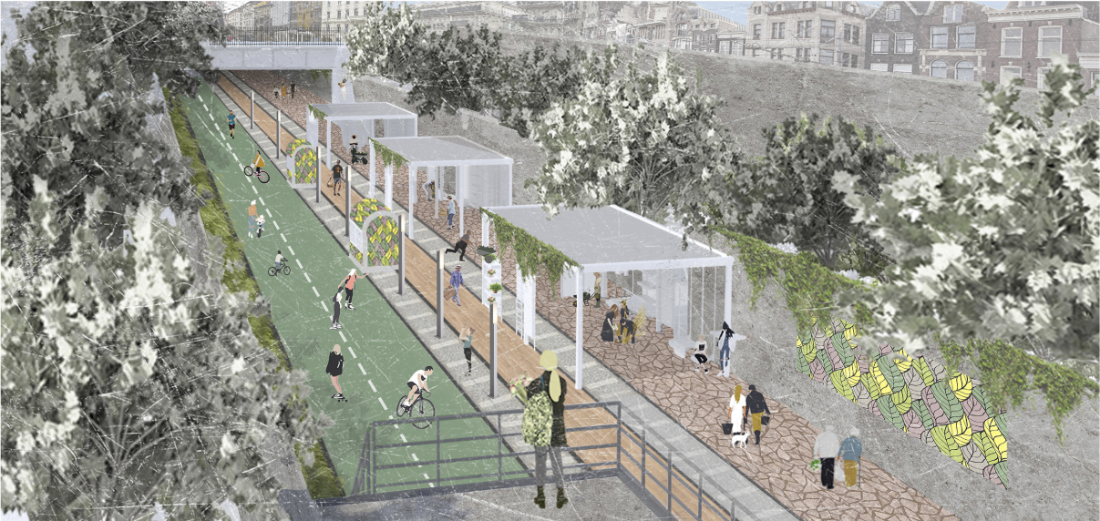 Modular pavilions activate the linear spine, creating a continuous sequence of programs along the urban landscape.