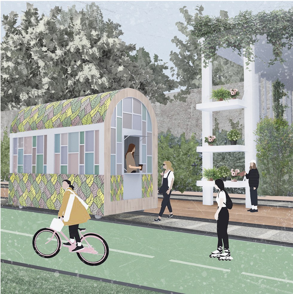 Train-car inspired structures introduce flexible micro-architecture for commerce and community engagement.