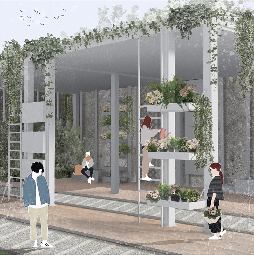 Green, open-frame installations foster urban gardening, participation, and a closer relationship between people and nature.