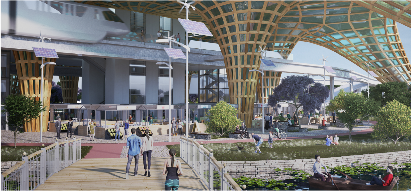 Public plaza beneath the vertical farm tower integrates markets, walkways and green spaces, creating a vibrant community hub within the urban agriculture network.
