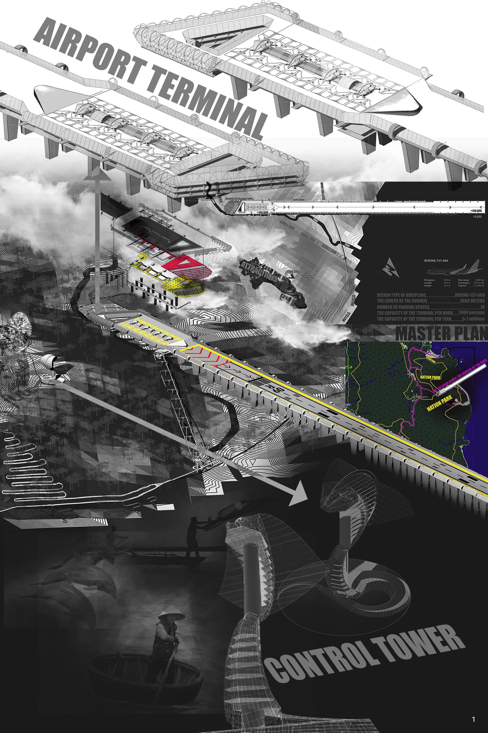 Elevated airport terminal minimizes ground impact while integrating seamlessly with the island’s terrain.