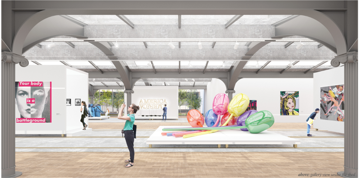 Adaptive reuse gallery within historic train shed with contemporary art installations
