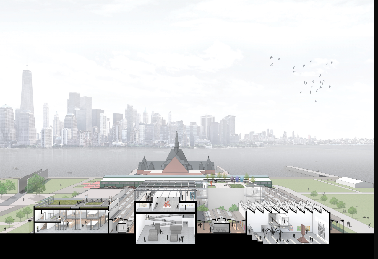 Sectional view showing layered cultural spaces and preserved industrial structure