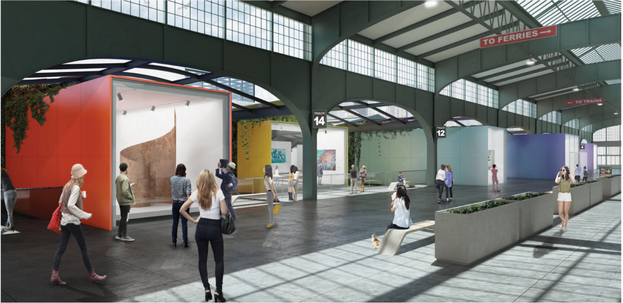 Exhibition boxes reimagining train platforms as flexible gallery spaces