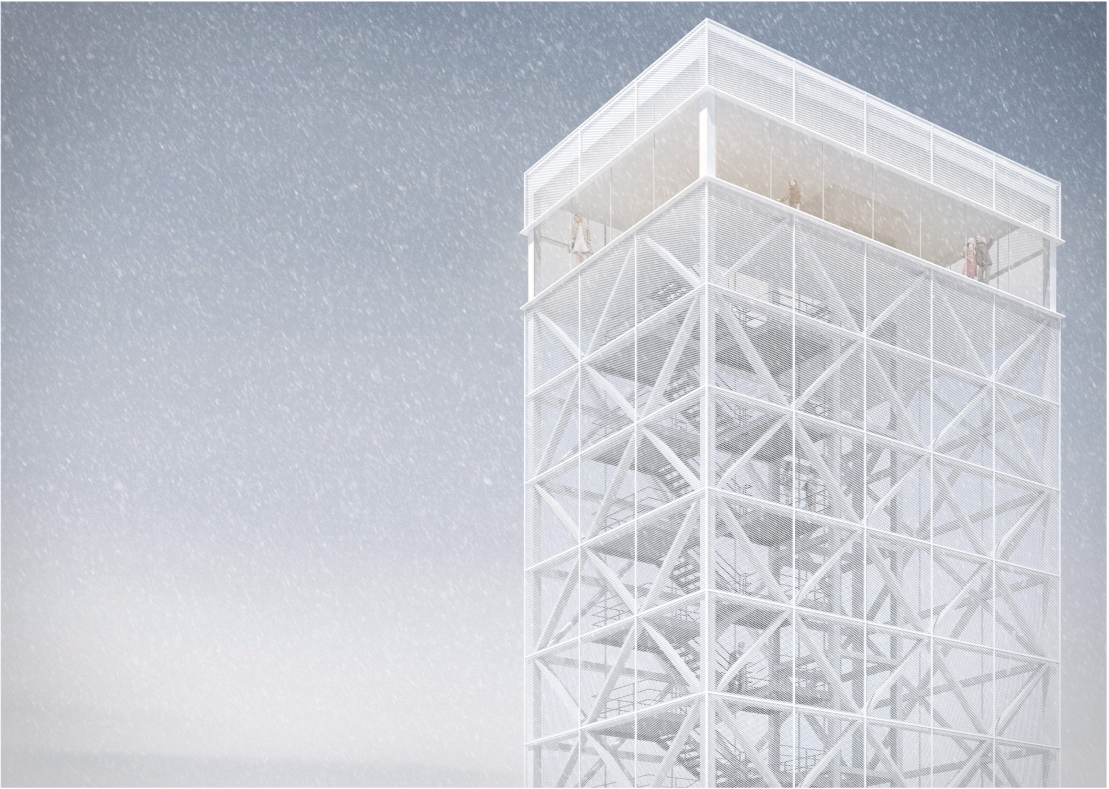 Minimal viewing tower offering panoramic city perspectives through lightweight structure