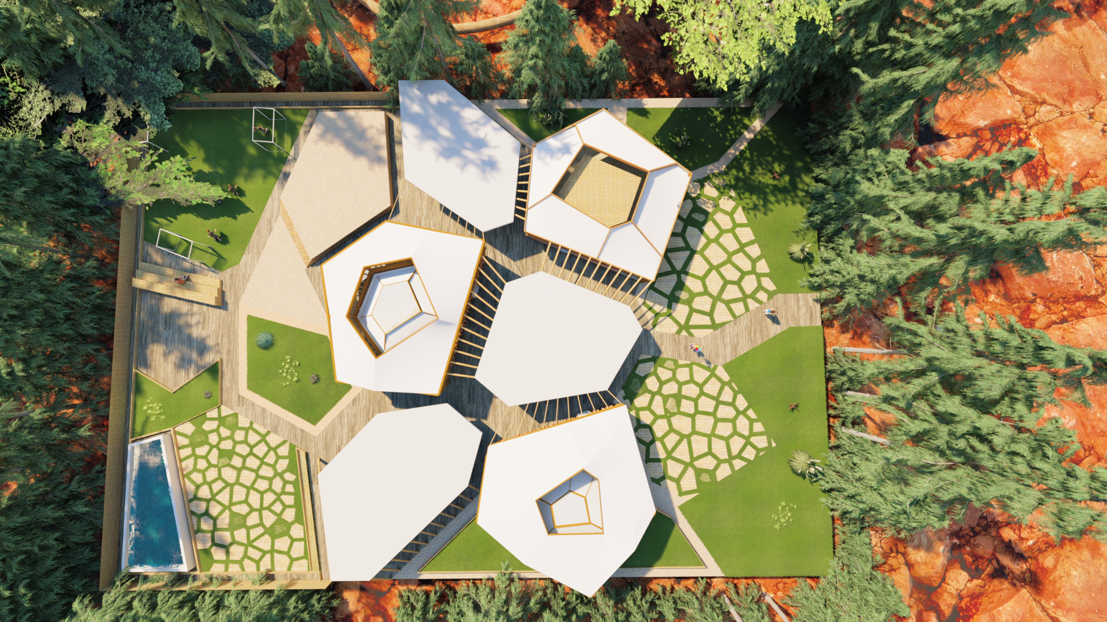 Top view revealing the interconnected spatial system and landscape integration of the kindergarten layout.