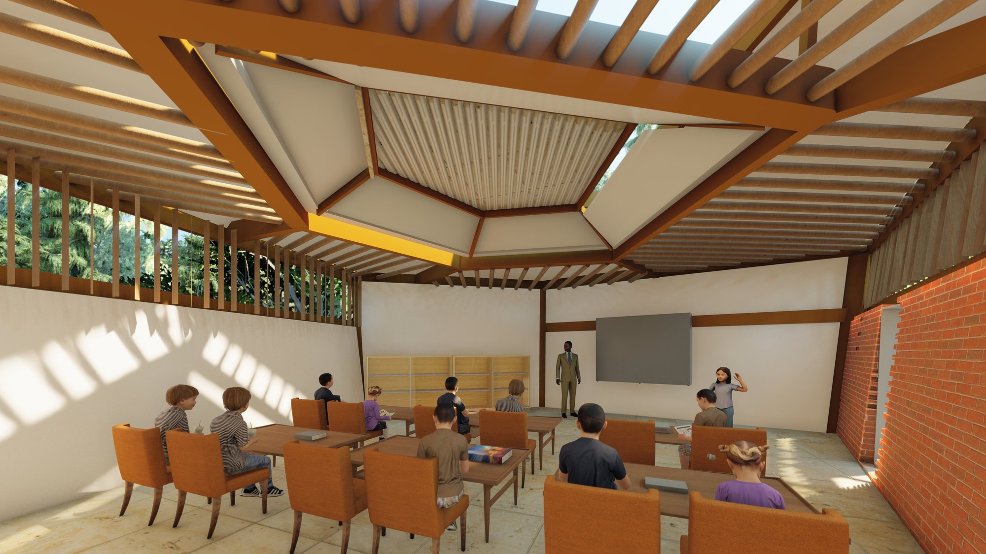 Naturally lit classroom with open roof geometry enhancing ventilation and creating dynamic light conditions.