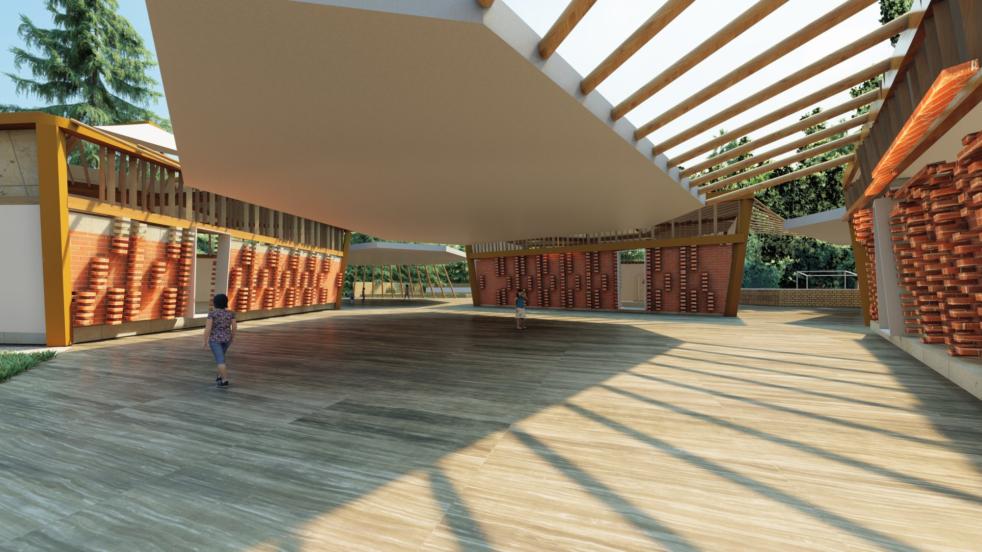 Semi-open central courtyard designed for interaction, play, and passive cooling through shaded structures.