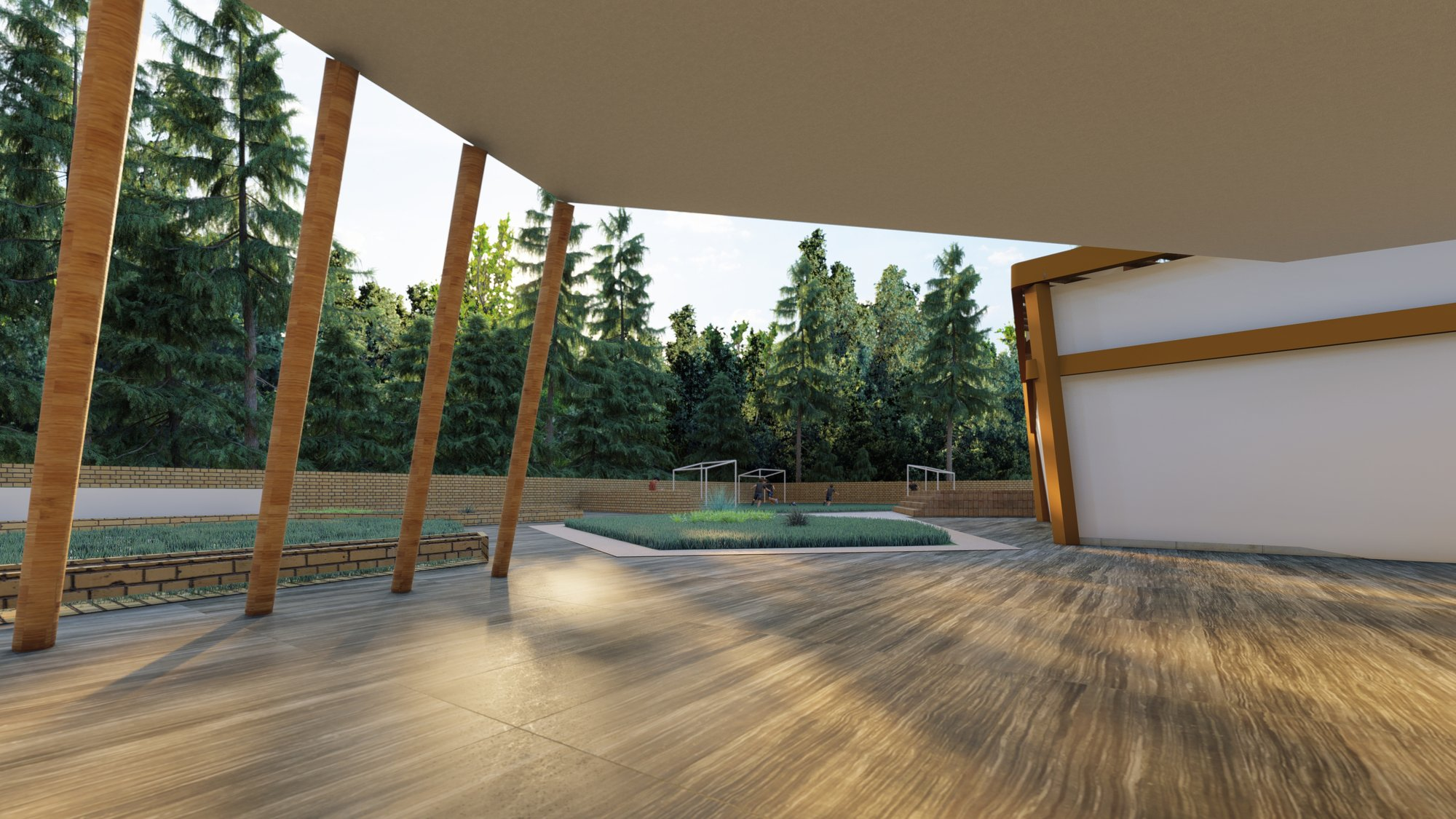 Transitional outdoor space blending built form with nature, encouraging informal learning and movement.