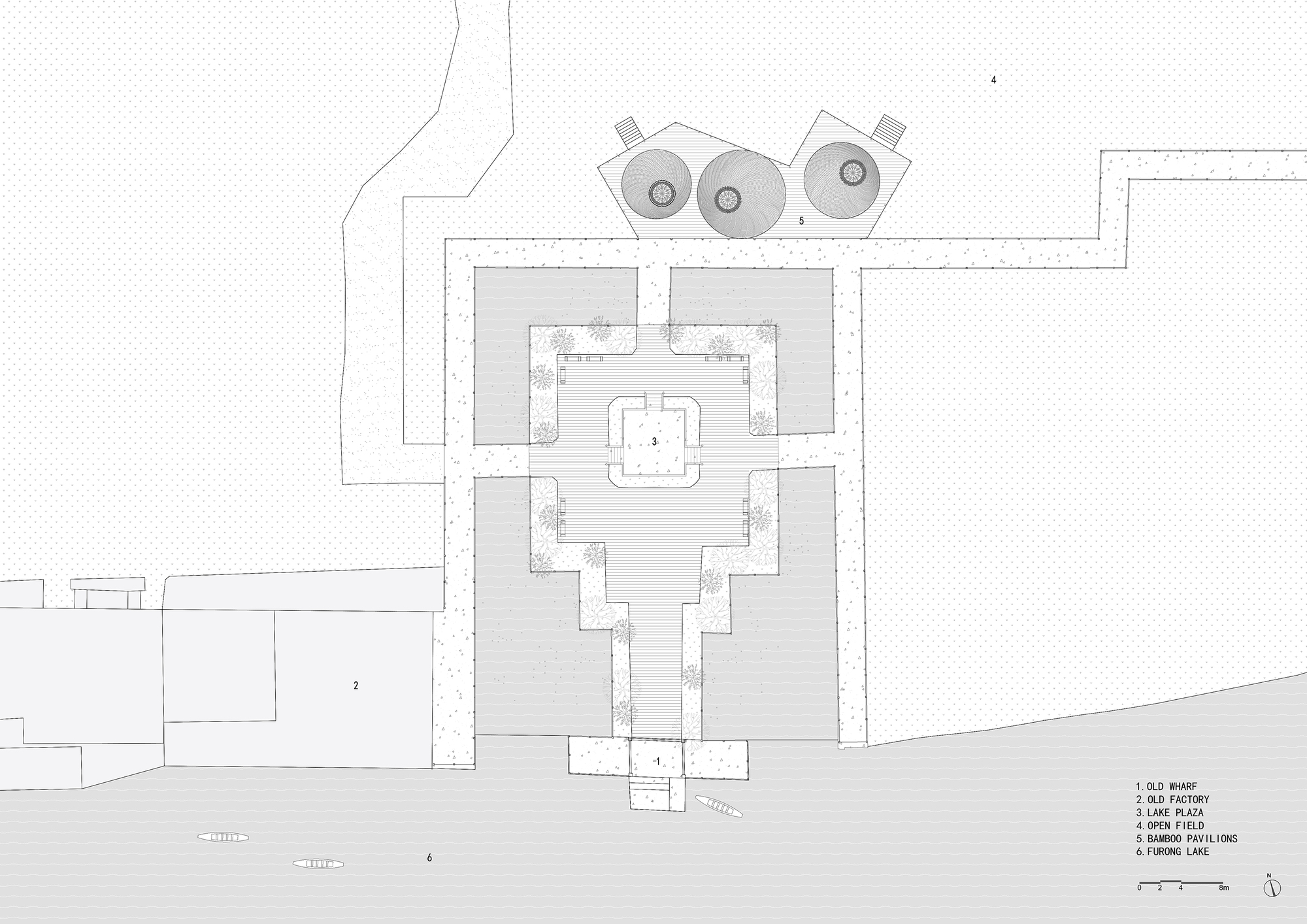 Site plan drawing showing a symmetrical temple complex with three circular domes and surrounding landscape