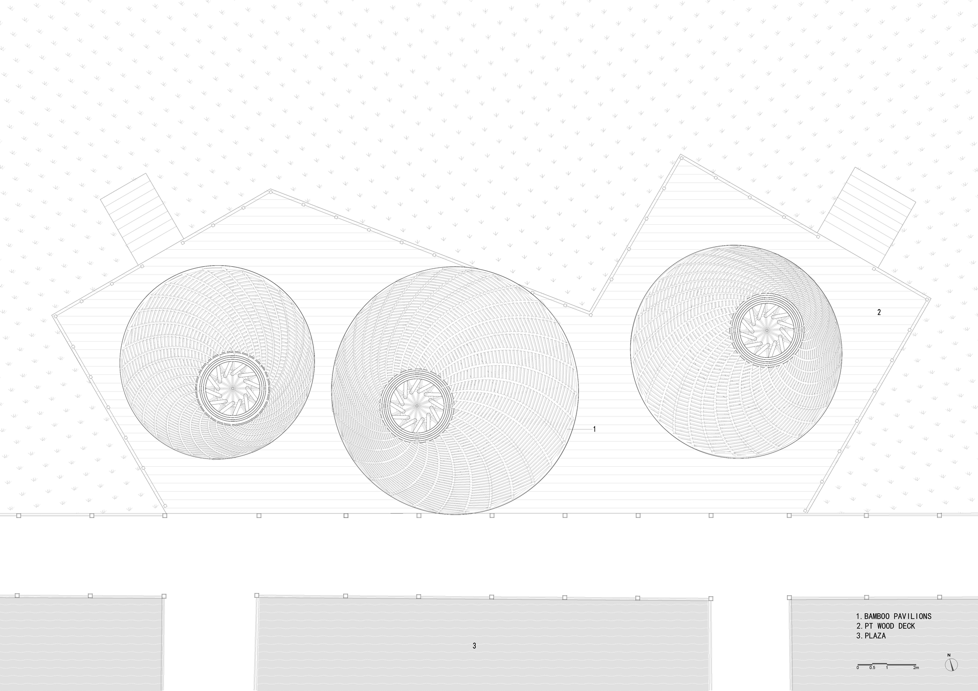 Elevation drawing depicting three circular domed structures with spiral centers and raised triangular roof elements
