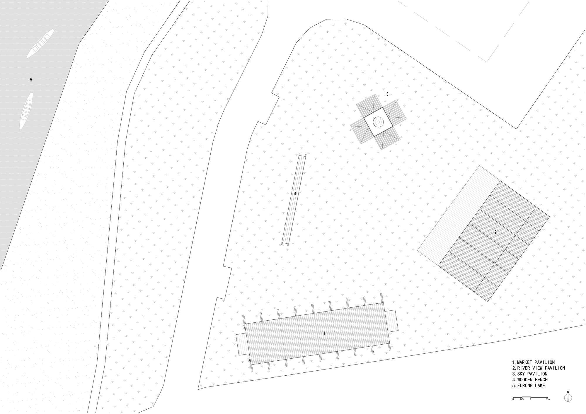 Site plan drawing showing a central pavilion with cross-shaped roof among landscaped paths and water features
