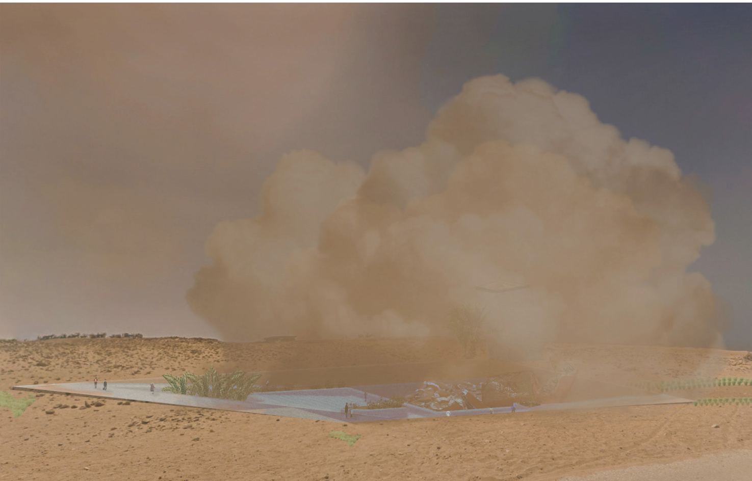 Collapsed Panic Pillar scenario visualizing climate catastrophe and architectural impermanence