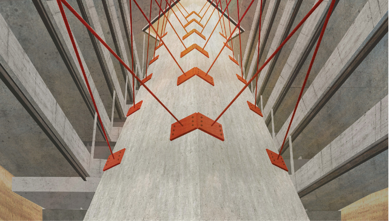 Central void installation amplifying tension through structural elements and vertical descent