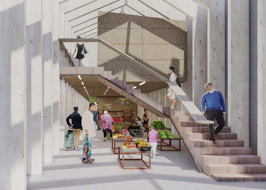 Interior market space integrates circulation and social exchange through layered vertical movement and open structural framing.