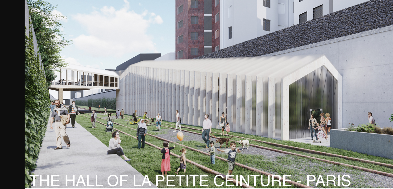 Adaptive reuse of La Petite Ceinture transforms dormant rail tracks into an active linear public landscape.