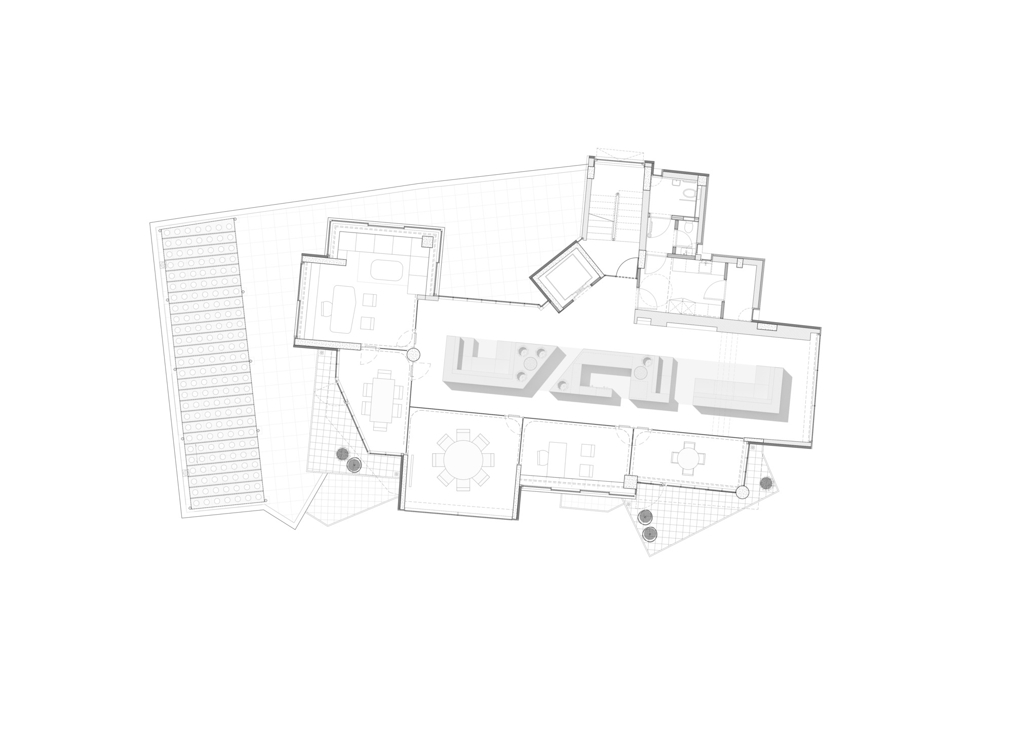 The image presents a floor plan of a modern residence, showcasing an open layout with interconnected living, dining, and kitchen areas. The design incorporates