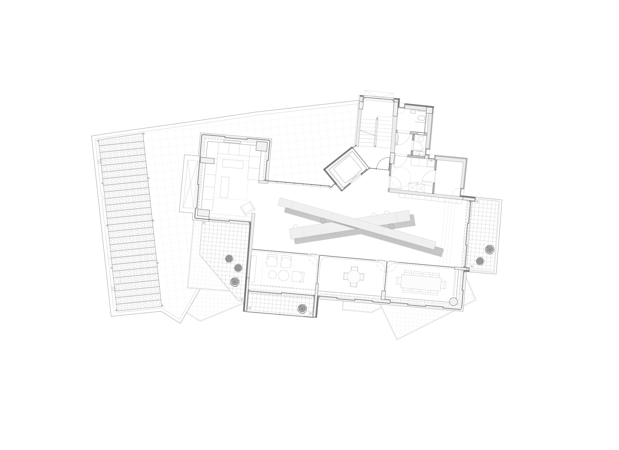 The image presents a detailed floor plan of a modern residence, showcasing an open layout with distinct living, dining, and kitchen areas. The design incorporat