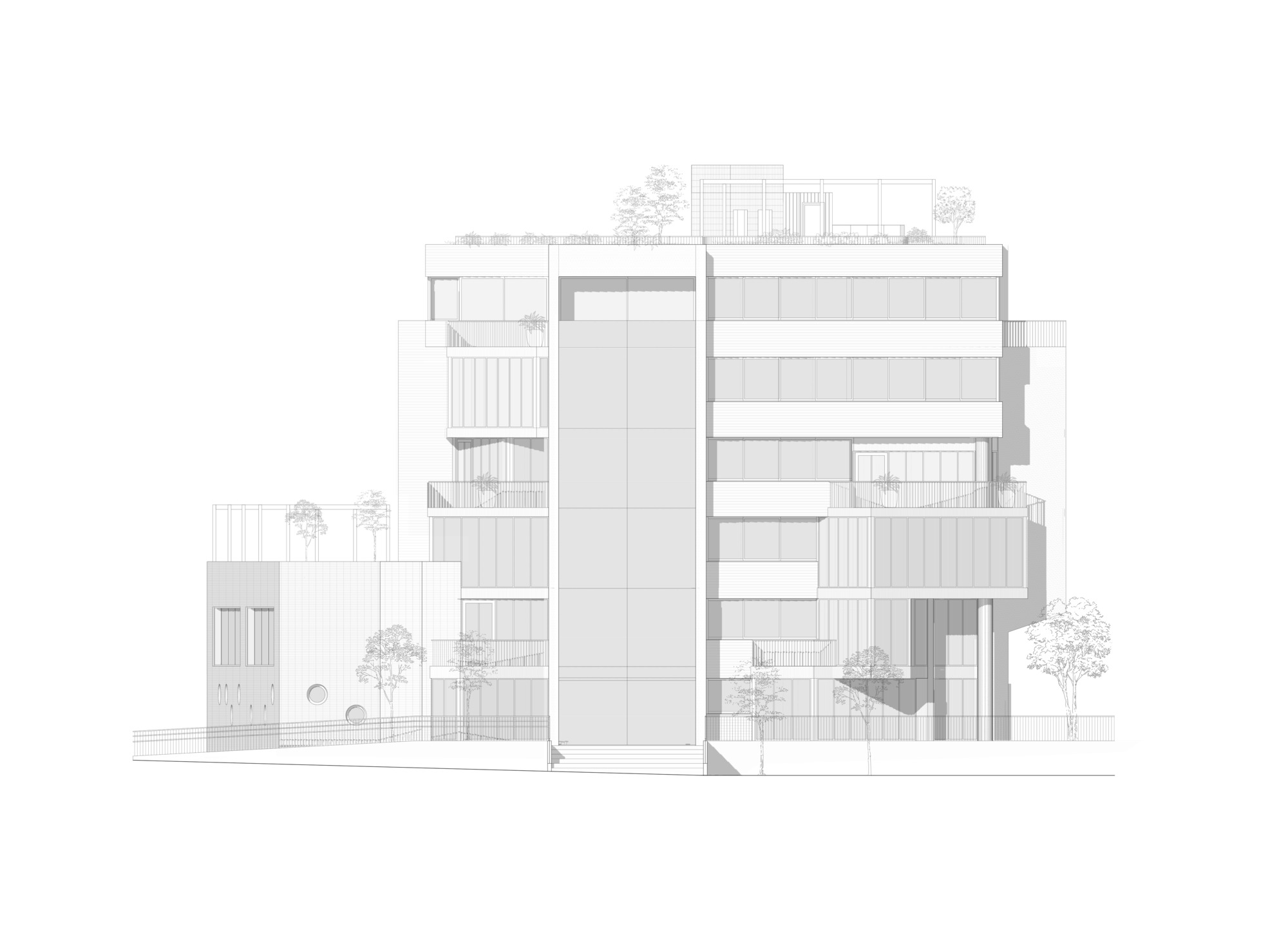 Section drawing revealing stacked floors with balconies and rooftop trees across multiple volumes