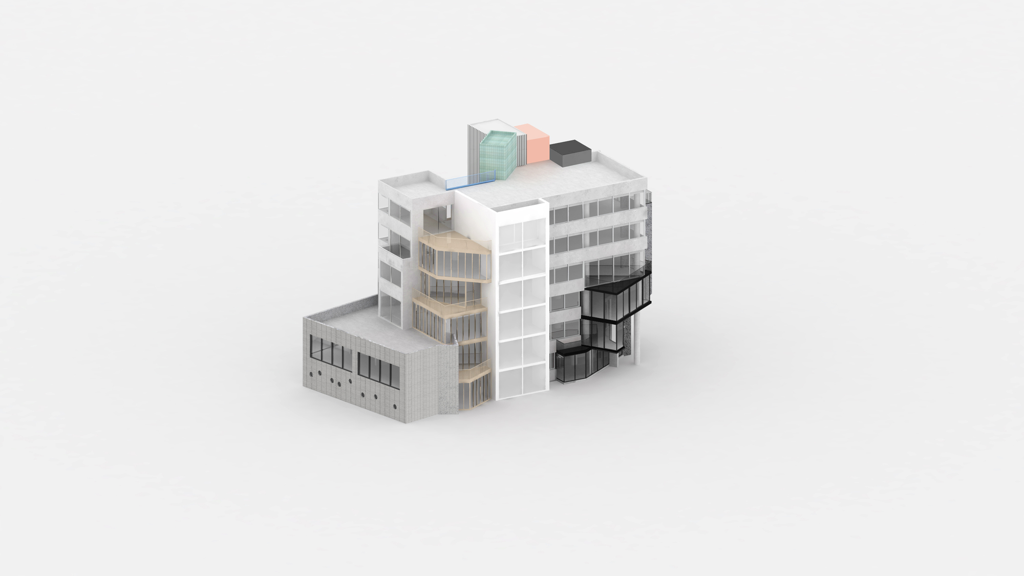 Axonometric drawing showing multiple volumes with colored rooftop elements and varied facade treatments