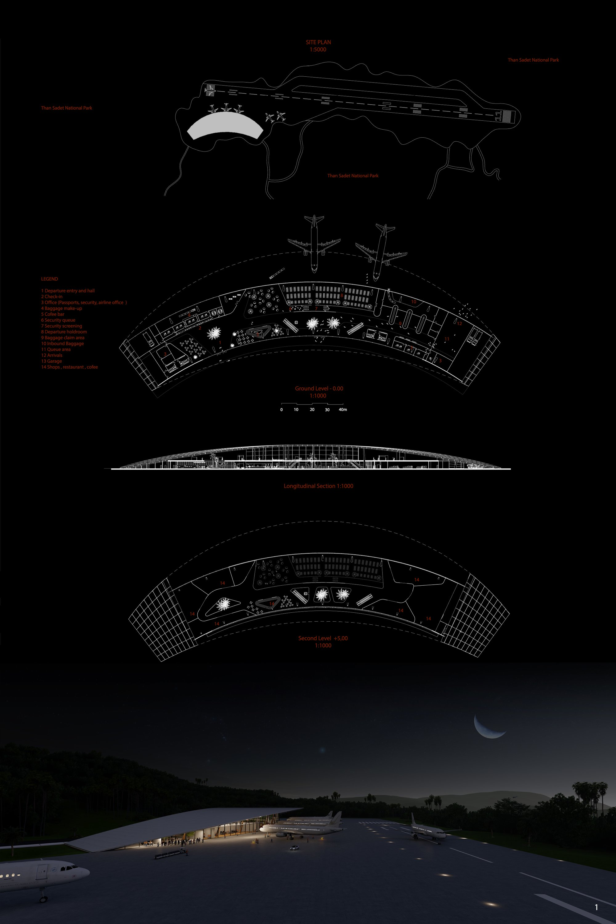 Masterplan and sectional strategy shaping a low-impact, landscape-integrated airport terminal