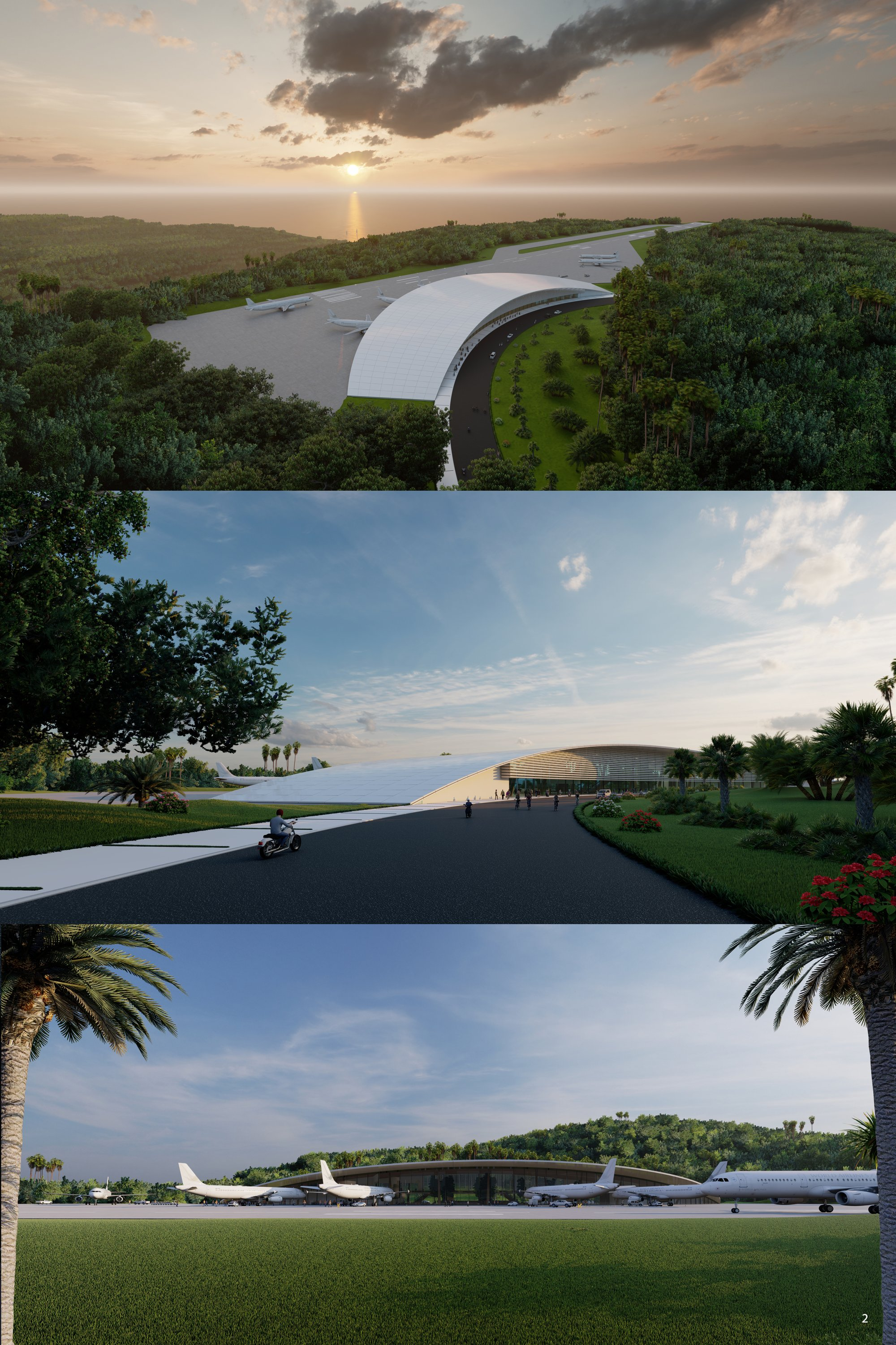 Organic terminal form embedded within tropical terrain, redefining sustainable airport architecture