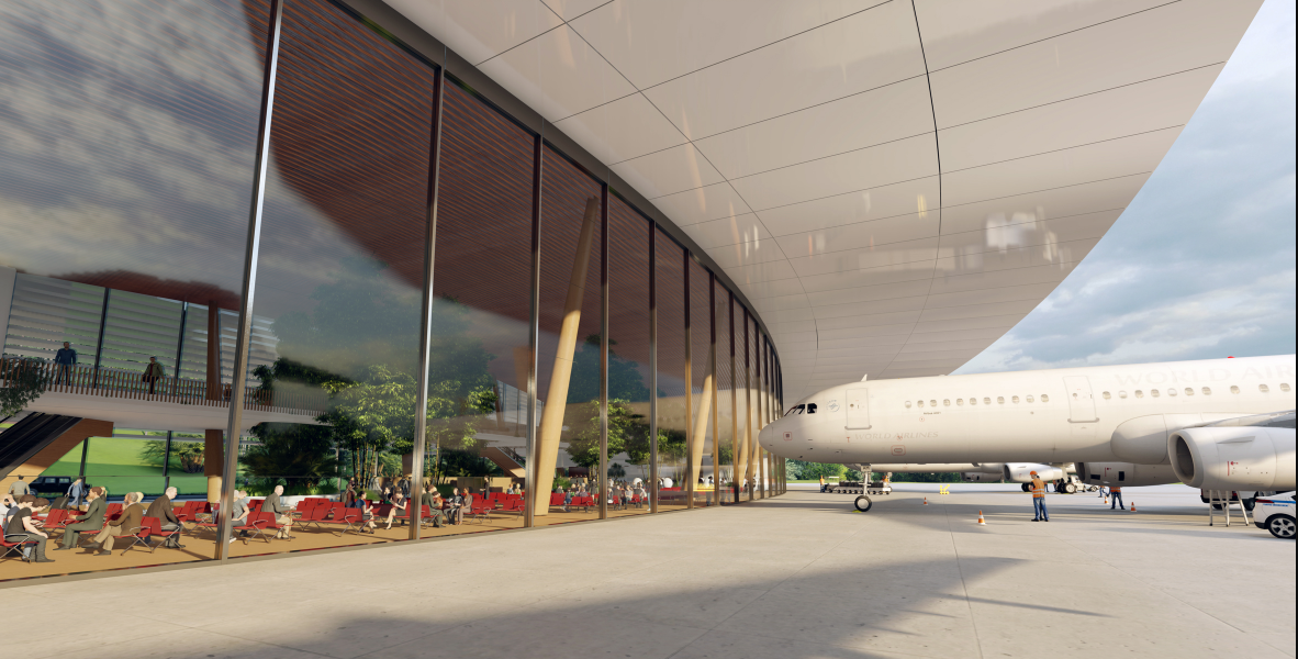 Transparent terminal facade connecting passengers visually to runway and surrounding landscape