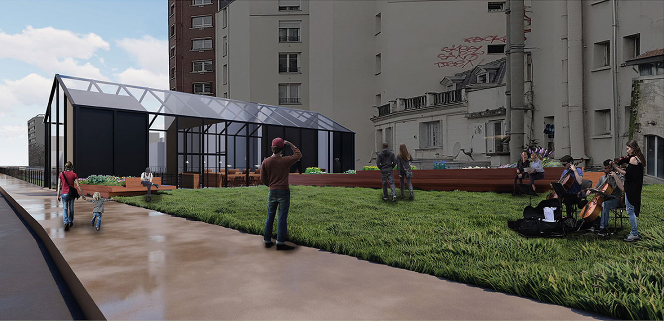 Upper square activation with greenhouse pavilion anchoring community life along the revitalized railway edge.