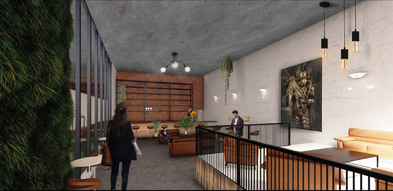 Interior bar space blending industrial textures with warm social atmosphere within the adaptive reuse framework.