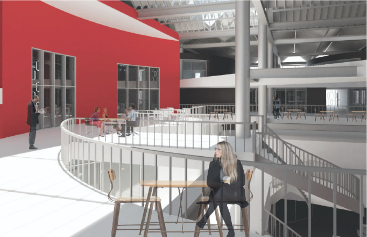 Curved balcony overlooking collaborative reading spaces within a vertically connected library interior