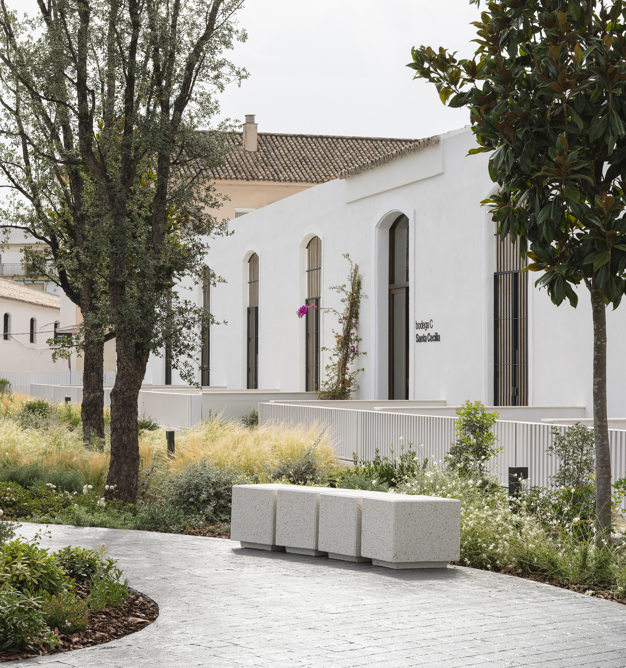 Pedestrian path through the planted garden with a stone bench