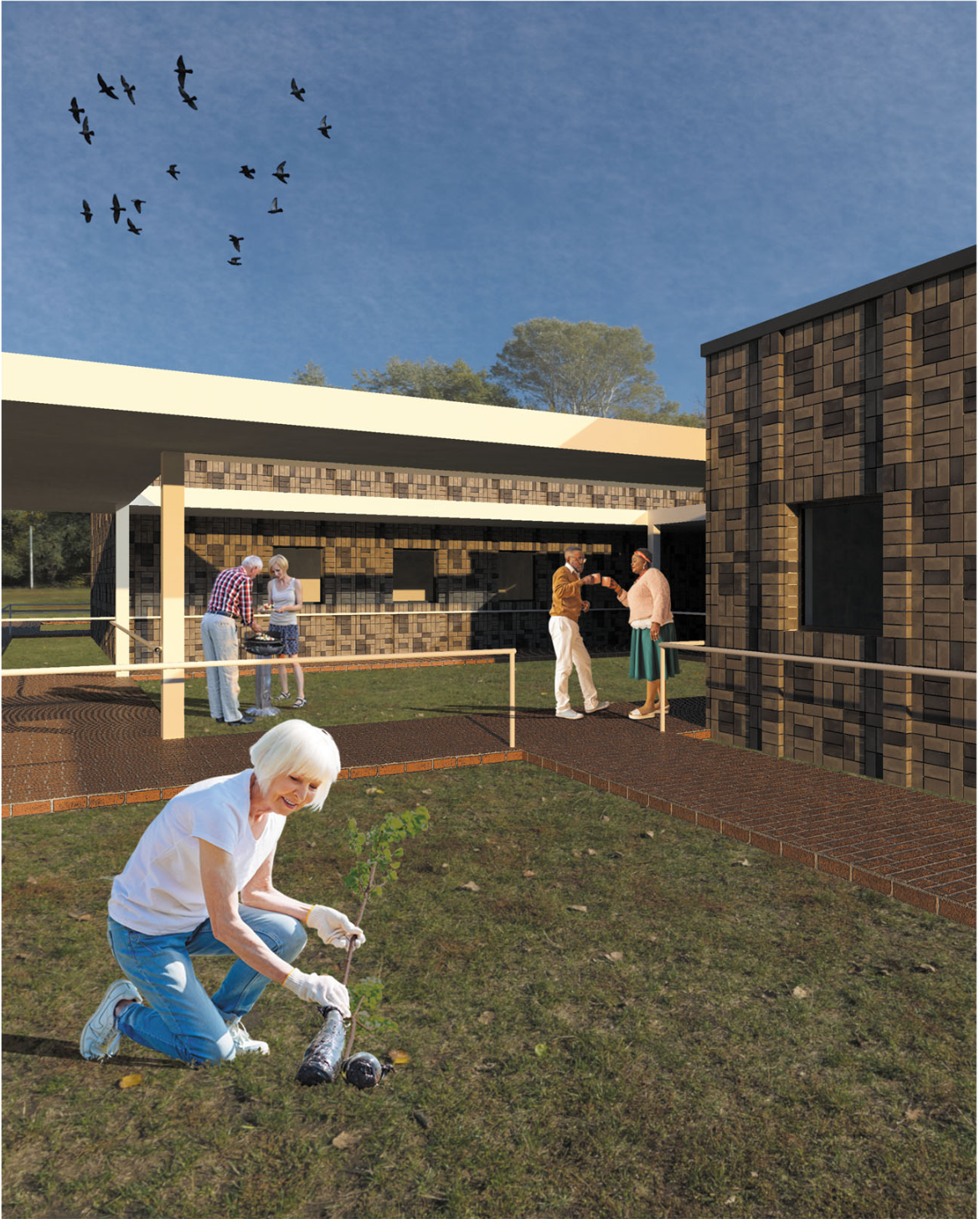 Residents engage in gardening activities within the therapeutic courtyard designed to support dementia-friendly outdoor interaction.