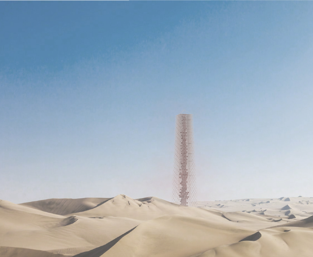 A solitary tower in the desert translating invisible pollution into visible architectural expression