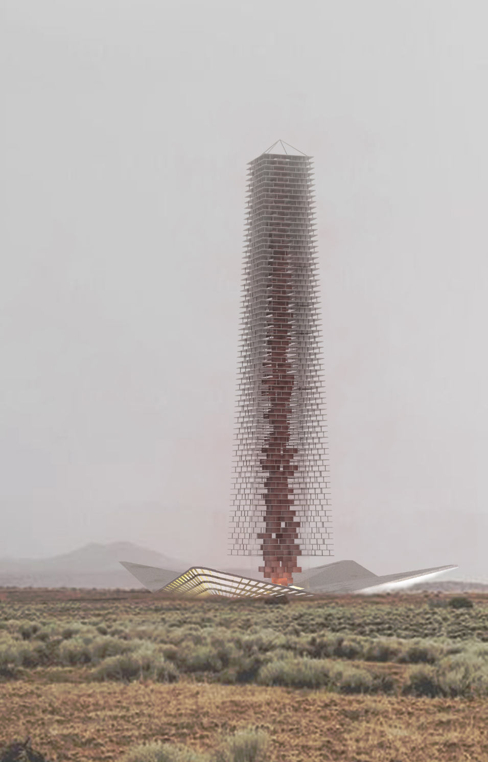 Modular vertical structure rising from the landscape, merging minimal form with dynamic environmental data